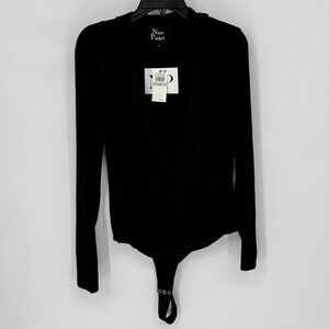 Nina Parker  Macys Black Beauty Long Sleeve Faux Wrap Surplice Front Bodysuit 1X